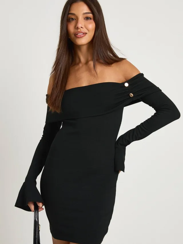 boohoo Dames Rib Gold Knop Detail Bardot Mini Jurk Zwart