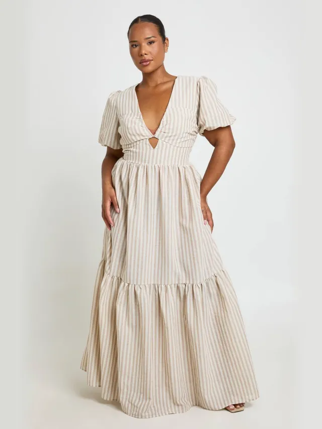 boohoo Dames Gestreepte Maxi-jurk Met Gelaagde Rok In Plusmaat Steen