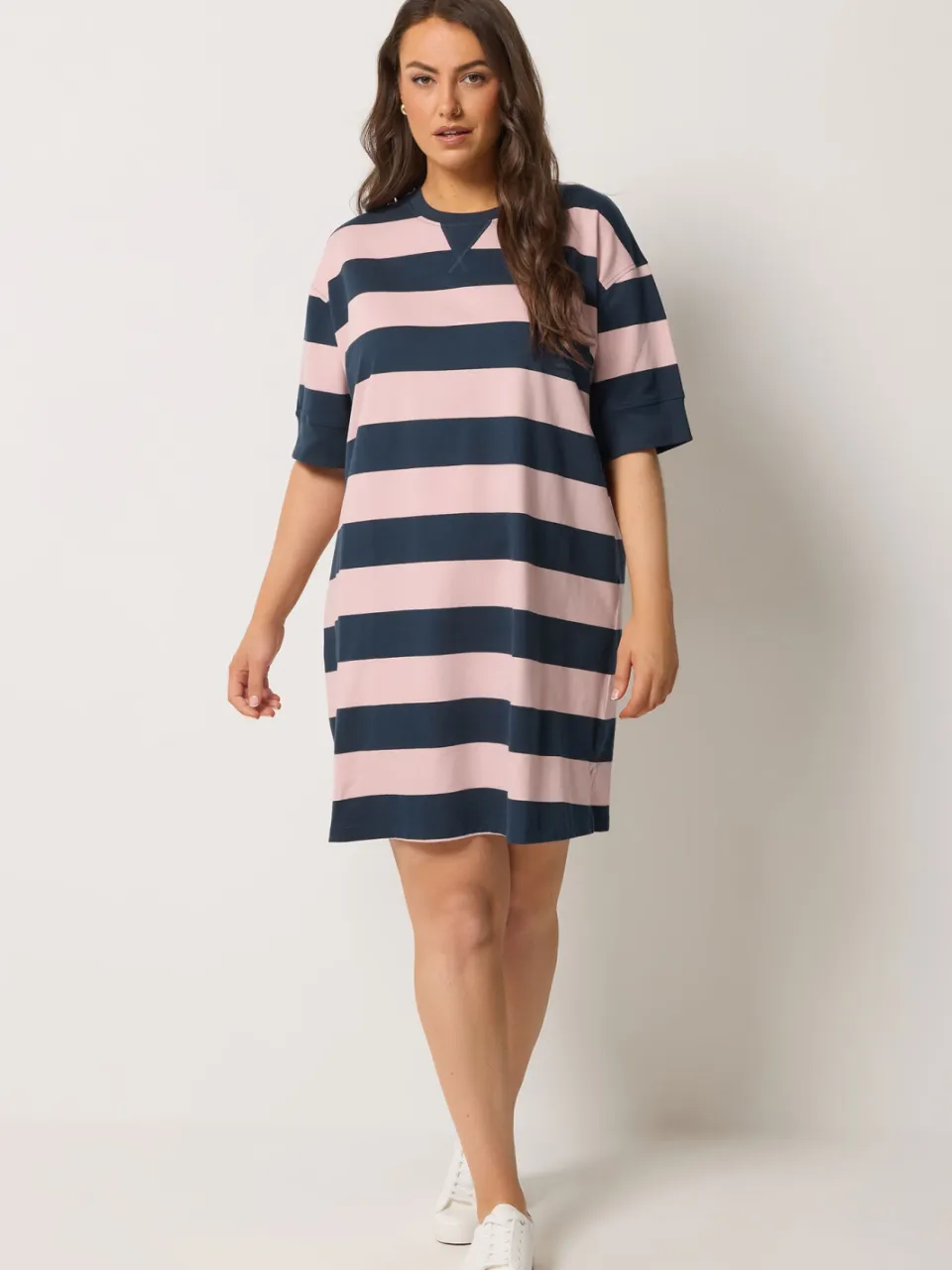 Yours Marineblauwe En Roze Gestreepte Tshirtjurk Blue