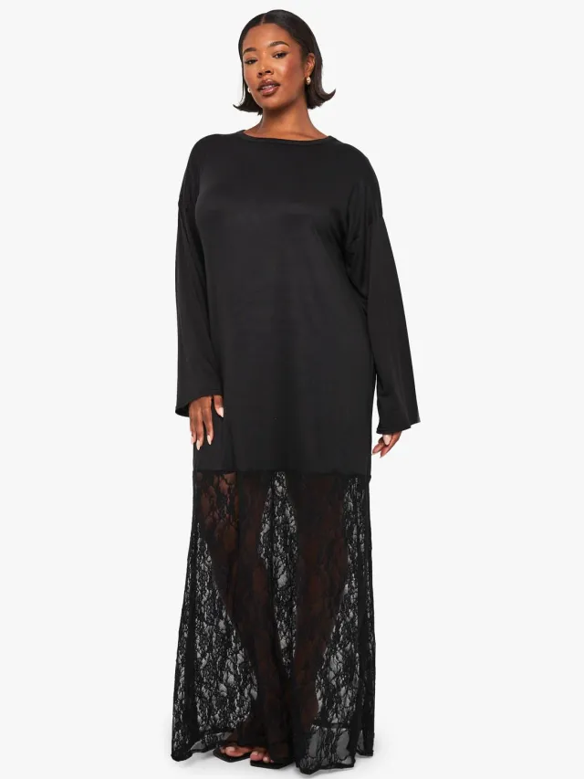 boohoo Dames plus lange mouw kanten t-shirt jurk Zwart