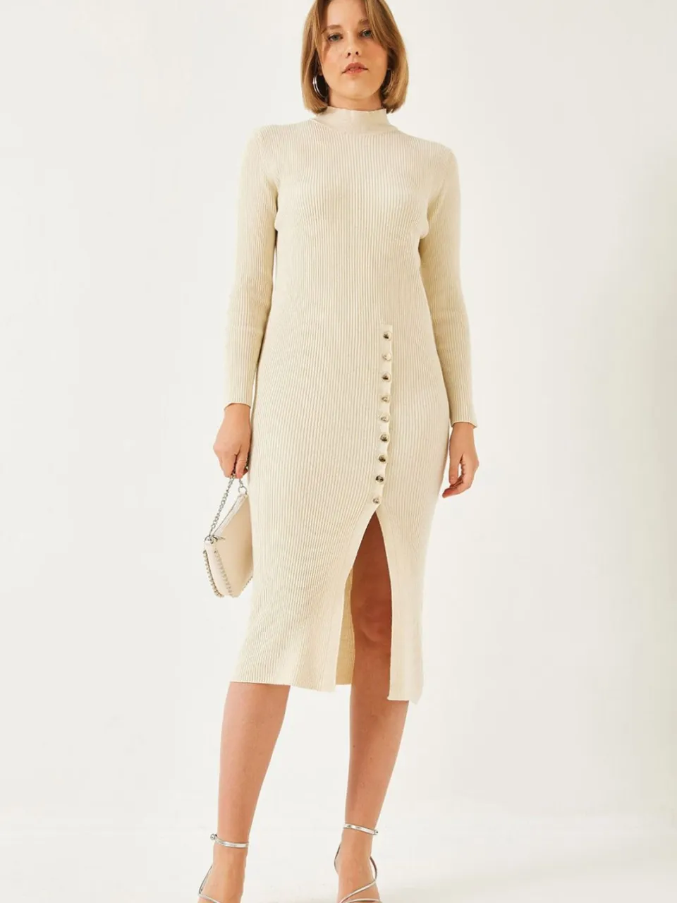 Bianco Lucci Geribde Structuur Col Midi Gebreid Jurk beige, foto 2