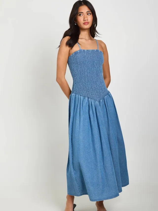 boohoo Dames Chambray Gerimpelde Midaxi Skater Jurk Medium Gebleekt