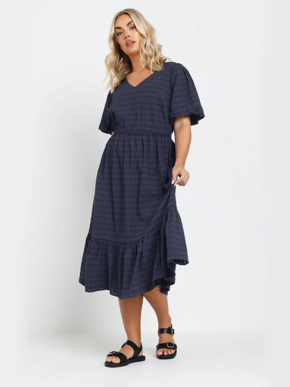 Yours Geruite Midi Jurk Met Textuur En Korte Mouwen In Donkerblauw blauw, foto 2