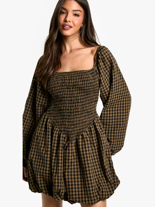 boohoo Dames Check Shirred Long Sleeve Puff Sleeve Mini Dress Bruin