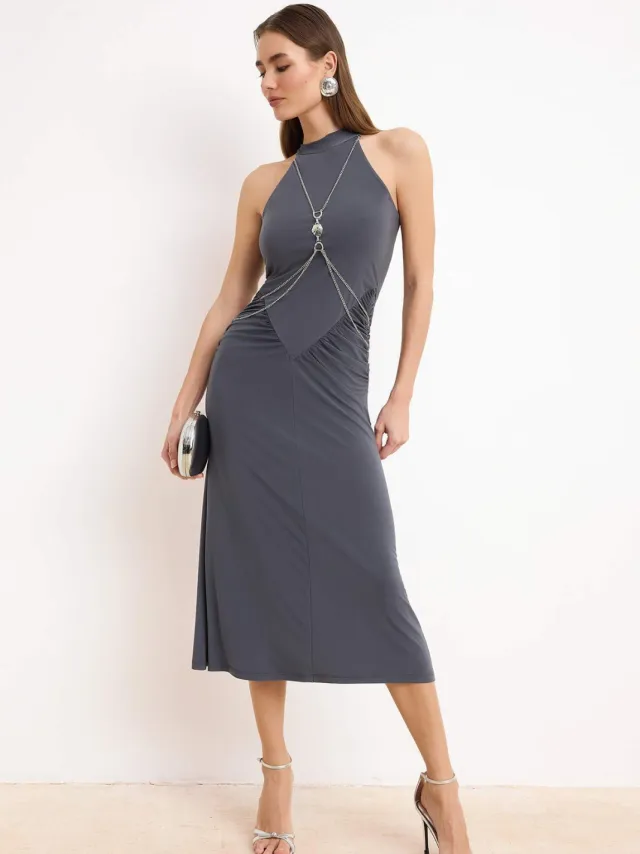 Turkishsouq Grijze, platte, mouwloze midi-jurk voor dames, chic/avondmodel, bodycon Grijs
