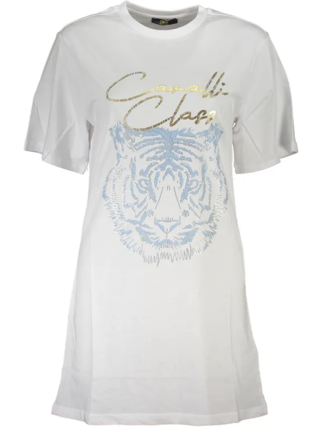 Cavalli Class Tijgerkop Geborduurde T-shirt Jurk Wit