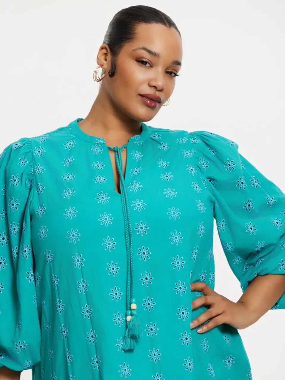 Yoek Jurk broderie anglaise | Turquoise, foto 4