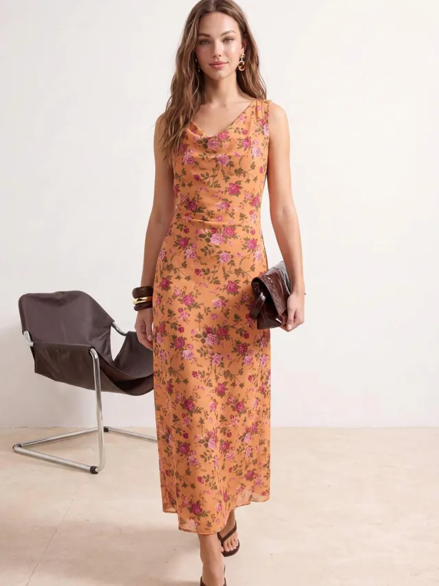Trendyol TRENDYOLMİLLA Dames Oranje Bloemen Maxi Mouwloos Skater Jurken, foto 2