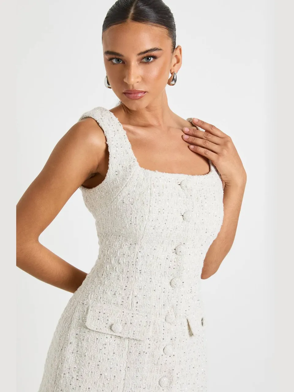 boohoo Dames Pailletten Boucle Vierkante Hals Getailleerde Mini-Jurk wit, foto 4