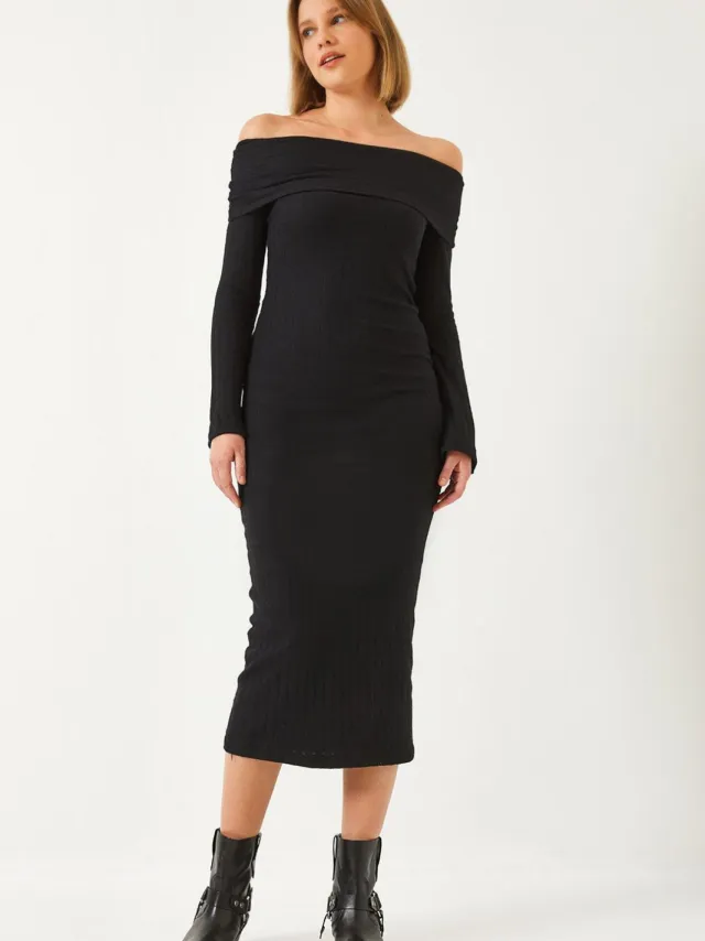 Bianco Lucci Strapless Geribbelde Midi Dress Zwart