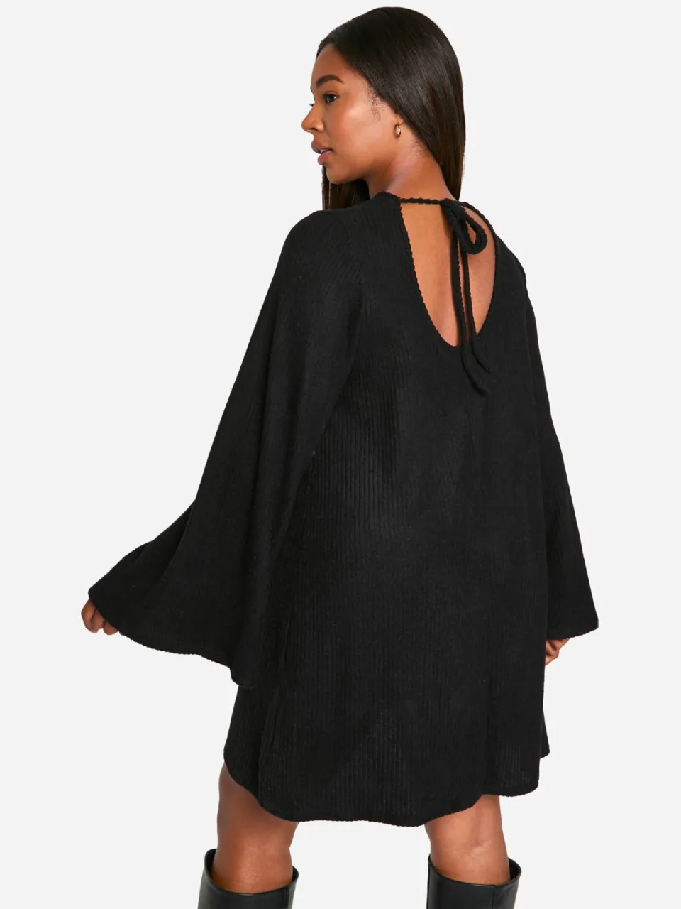 boohoo Dames Plus Soft Rib Tie Back Smock Jurk zwart, foto 2