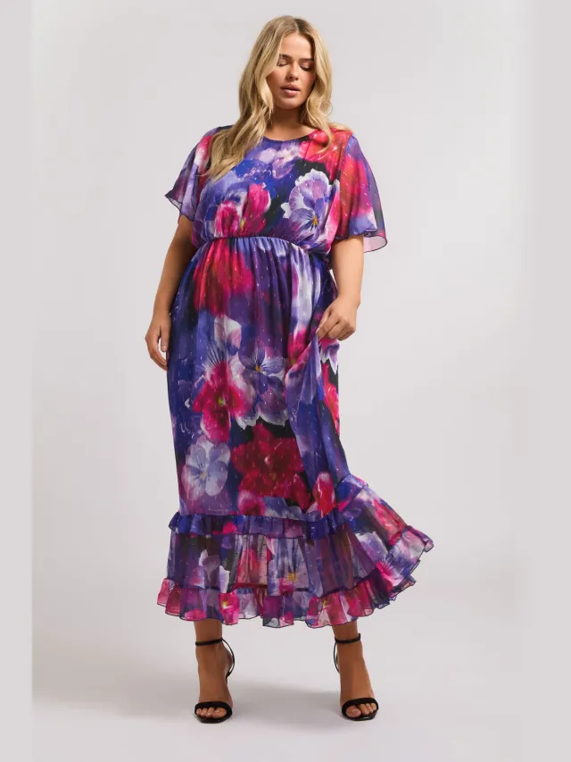 Yours London Aangerimpelde Maxijurk Met Bloemontwerp En Ruchezoom In Blauw/Rood Purple