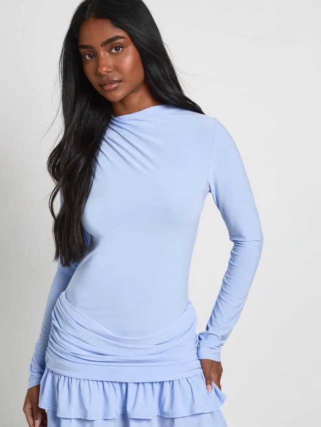 boohoo Dames Mini-jurk Met Lange Mouwen En Gedrapeerde Voorkant babyblauw, foto 3