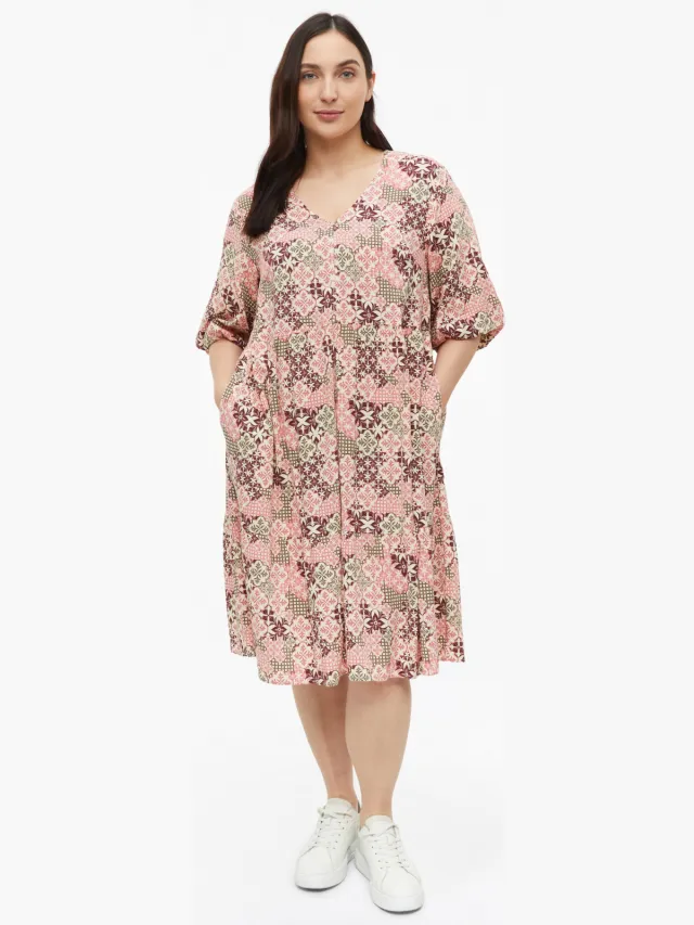 s.Oliver Curve relaxed fit midi jurk Plus Size met pofmouwen en print - roze Roze/ donkerrood