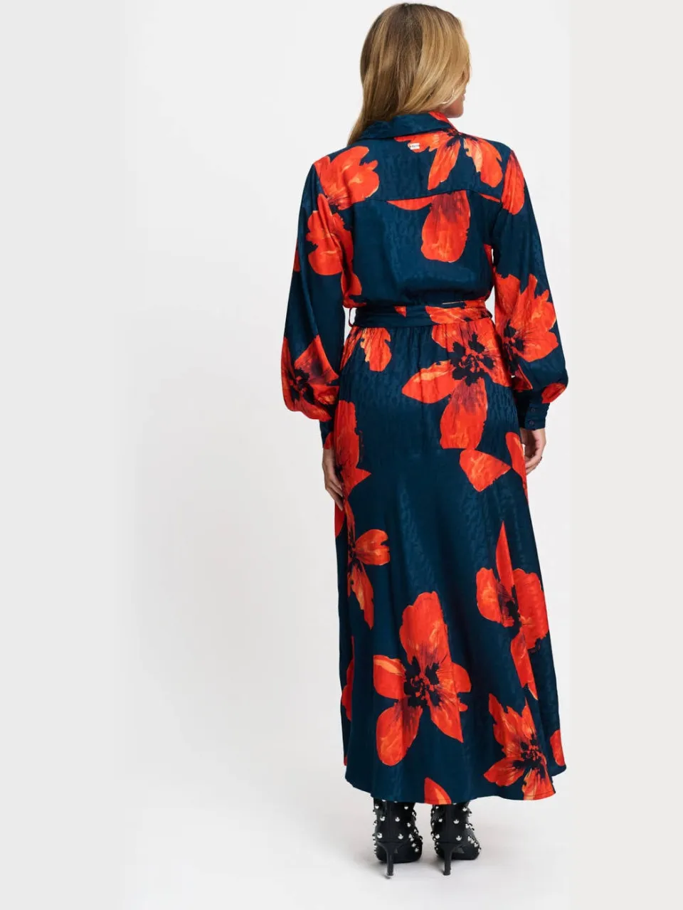 POM Amsterdam gebloemde maxi jurk met ceintuur - donkerblauw/rood, foto 4