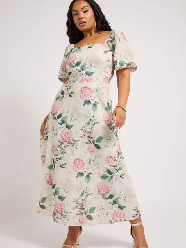 Yours London Midaxi Jurk Met Bloemenmotief En Vierkante Hals In Ivoor/Roze White