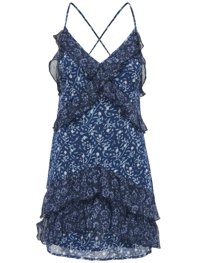 Only gebloemde jurk met ruches - blauw blauw / wit