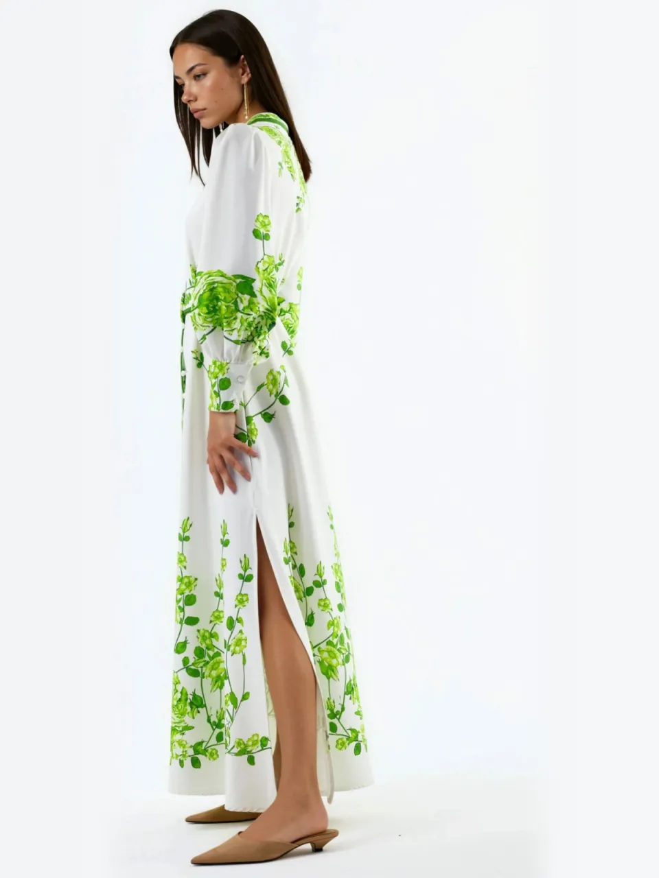 MSN Collection Bloemige Maxi-jurk met Lange Mouwen en Ceintuur en Mandarijnkraag wit, foto 2
