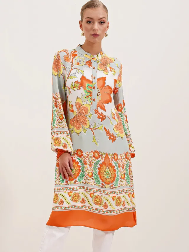 Big Dart Patroon Viscose Jurk Oranje