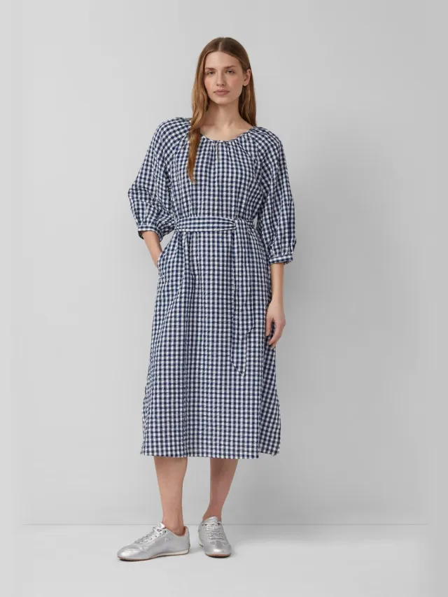 S.Oliver female - Seersucker jurk met plooien en riem donkerblauw