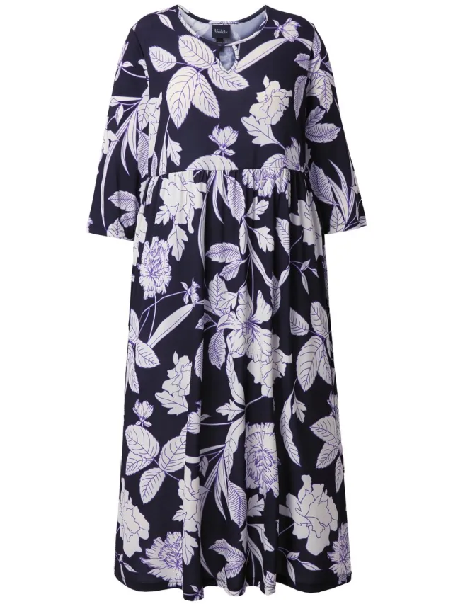Ulla Popken Dames - Maxi-jurk bloemen A-lijn ronde hals 3/4-mouwen - Zwart - Maat 58+