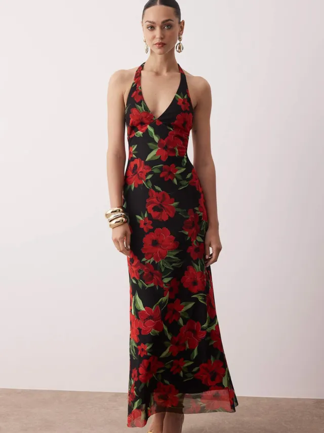 Trendyol TRENDYOLMİLLA Dames Rood Bloemen Midi Mouwloos Stijlvol/Avond A-lijn Avond & Gala Jurk