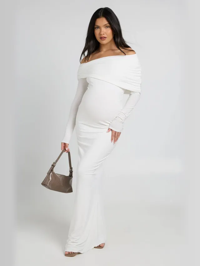 boohoo Dames Zwangerschaps Double Slinky Bardot Lange Mouw Maxi Jurk Crème