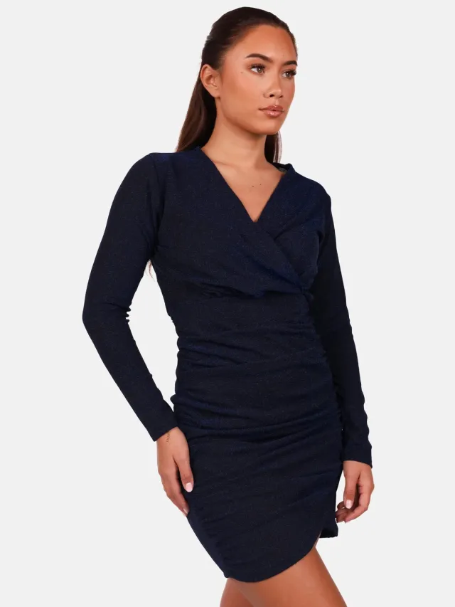 Getdrezzed Glitter jurk met geplooide voorkant donkerblauw