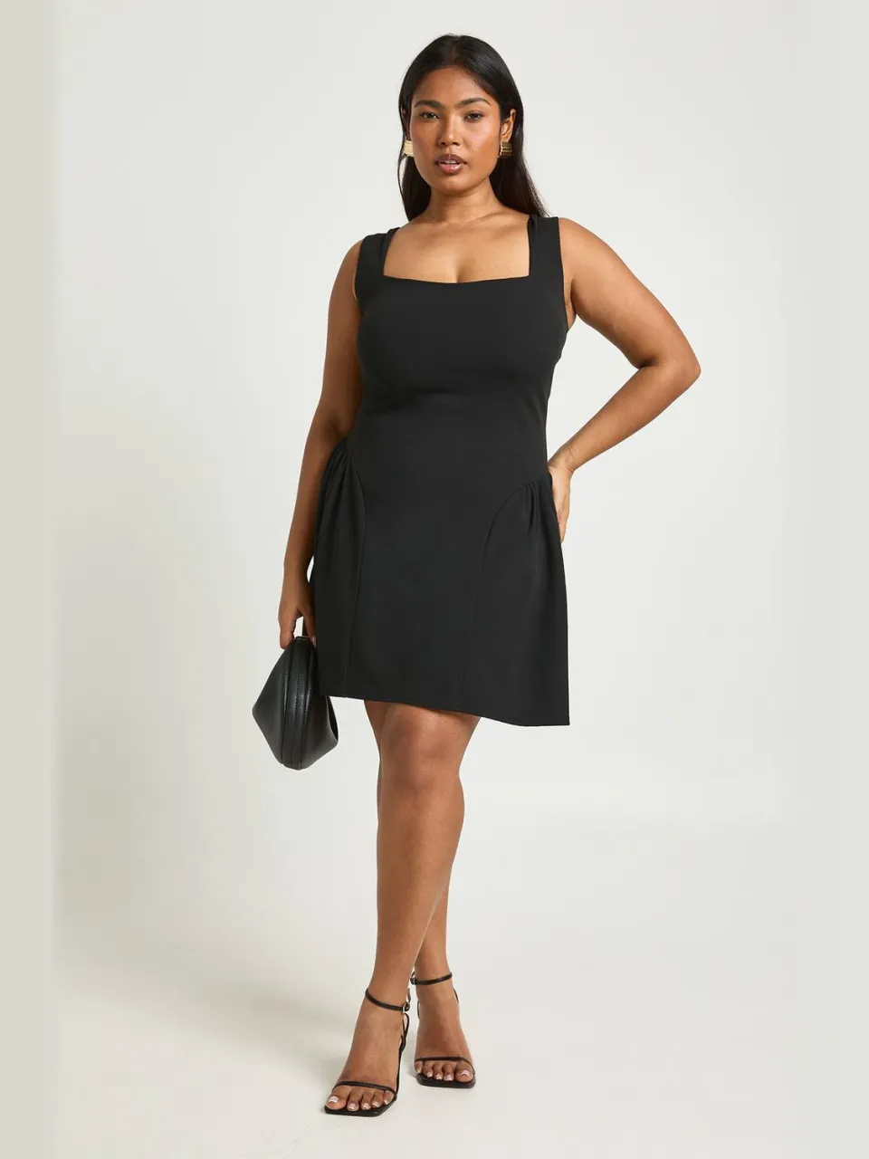 boohoo Dames Plus Vierkante Hals Volle Rok Mini Jurk zwart, foto 3