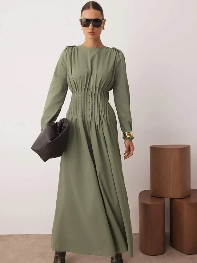 Trendyol Modest Dames Kaki Effen Maxi Lang Casual Skater Modest Jurken