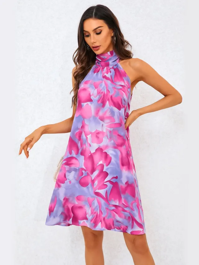 FS Collection Abstracte bloemenprint halternek mini-jurk met strik op de rug in roze