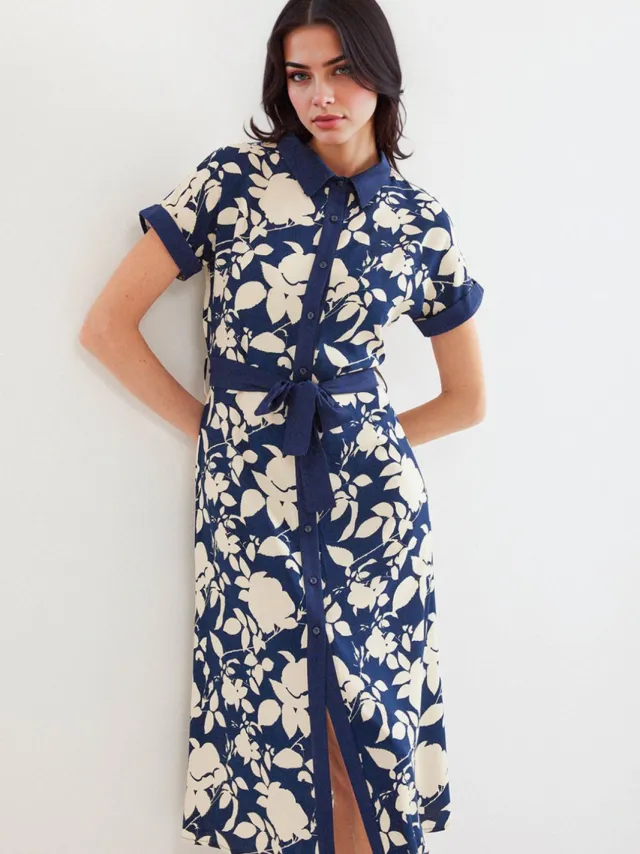 Big Dart Bloemrijke Midi-jurk met Strik Marineblauw