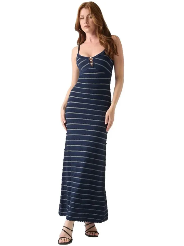 Guess Scallop Lange Jurk Met Lange Mouwen Blauw L Vrouw Blackened Blue Multicolor