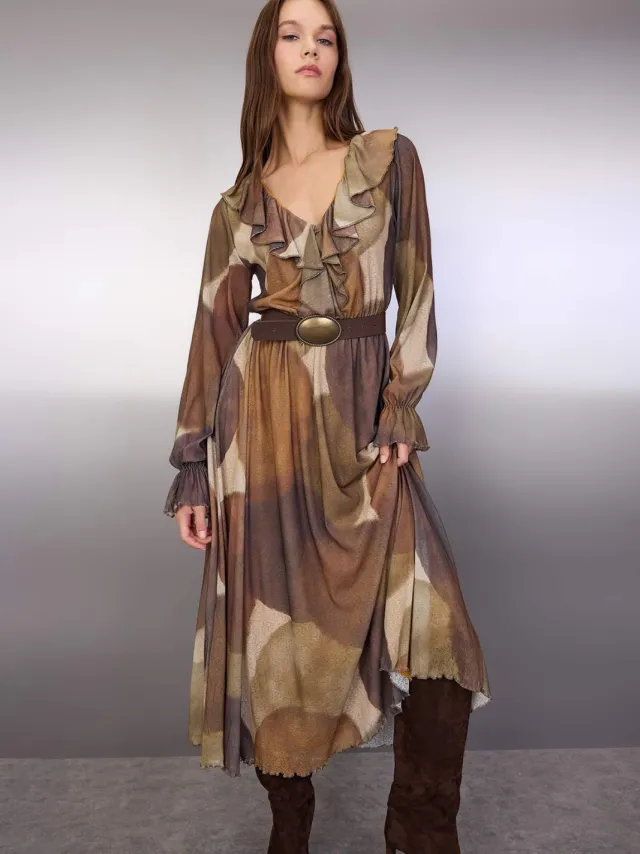 Trendyol TRENDYOLMİLLA Dames Meerkleurig Abstract Maxi Lang Casual Skater Jurken Veelkleurig