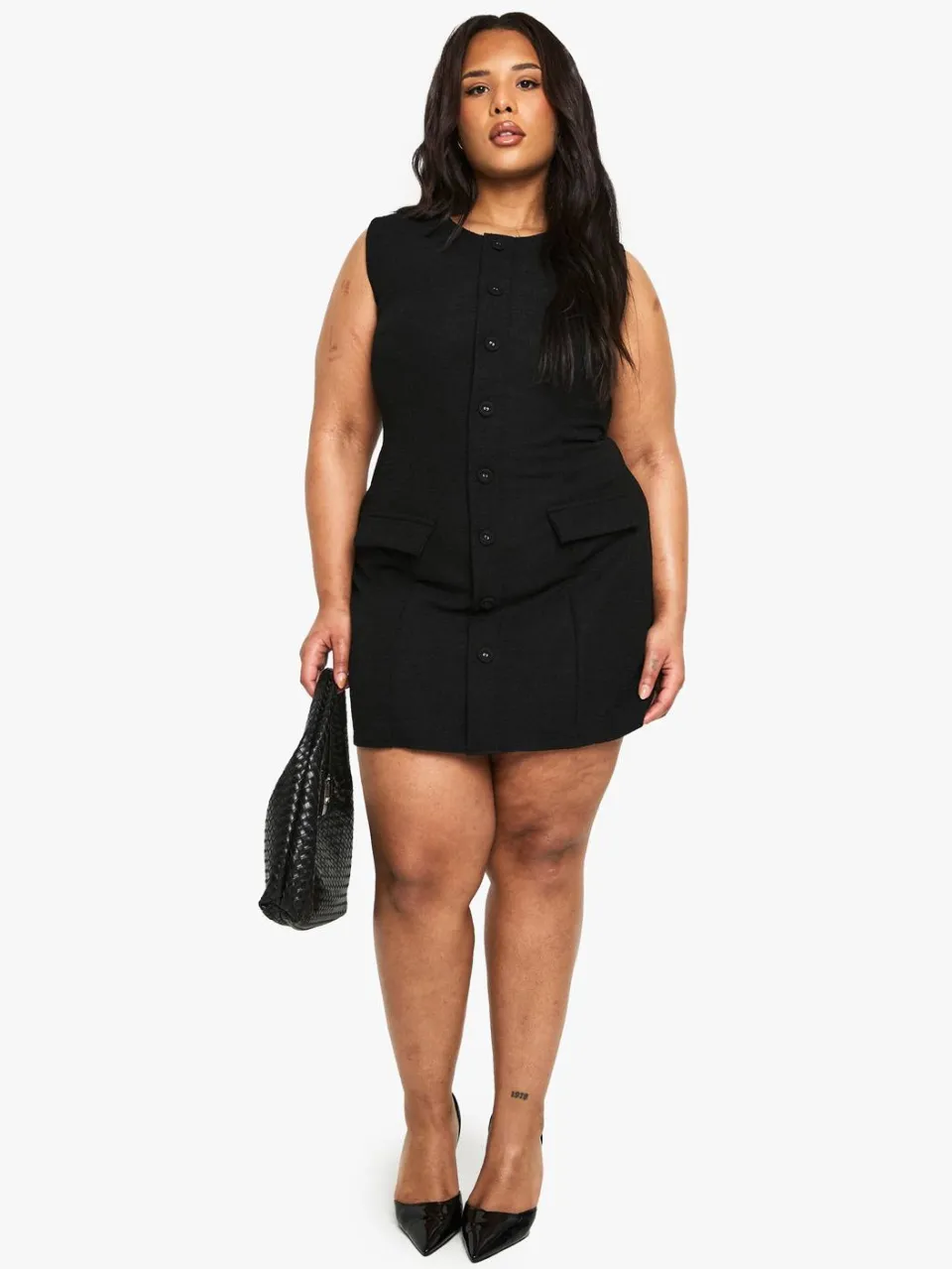 boohoo Dames plus boucle button front tailored mini dress zwart, foto 2