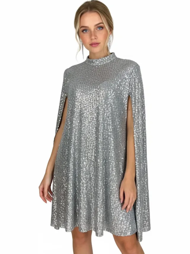 RedParrot Cape Jurk Zilver Glitter - Dames - Feest - Glinster
