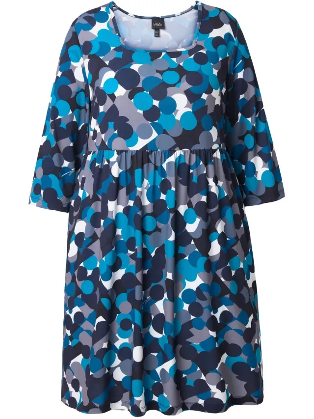 Ulla Popken Dames - Longshirt stippen A-Lijn carréhals 3/4-mouw - Zwart - Maat 42+