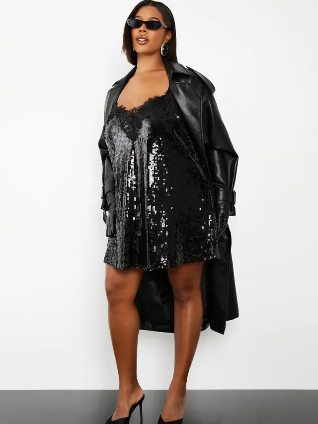 boohoo Dames Plus kantenrand pailletten cami-jurk Zwart