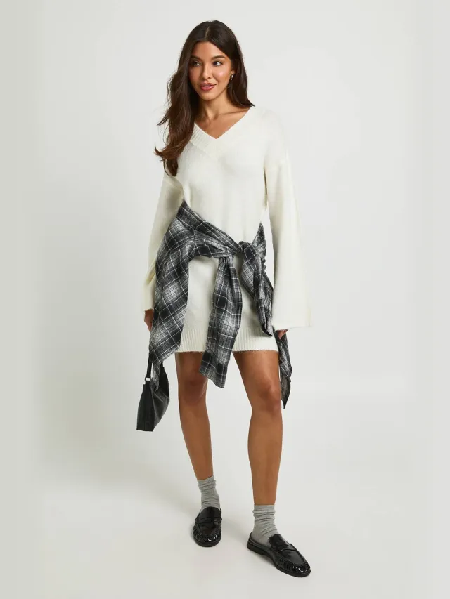 boohoo Dames Superzachte Gebreide Mini-jurk Met V-hals Crème