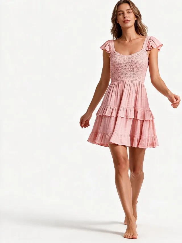Imily Bela Dames Mini Jurk met Smokwerk, Vlindermouwen en Ruches Roze