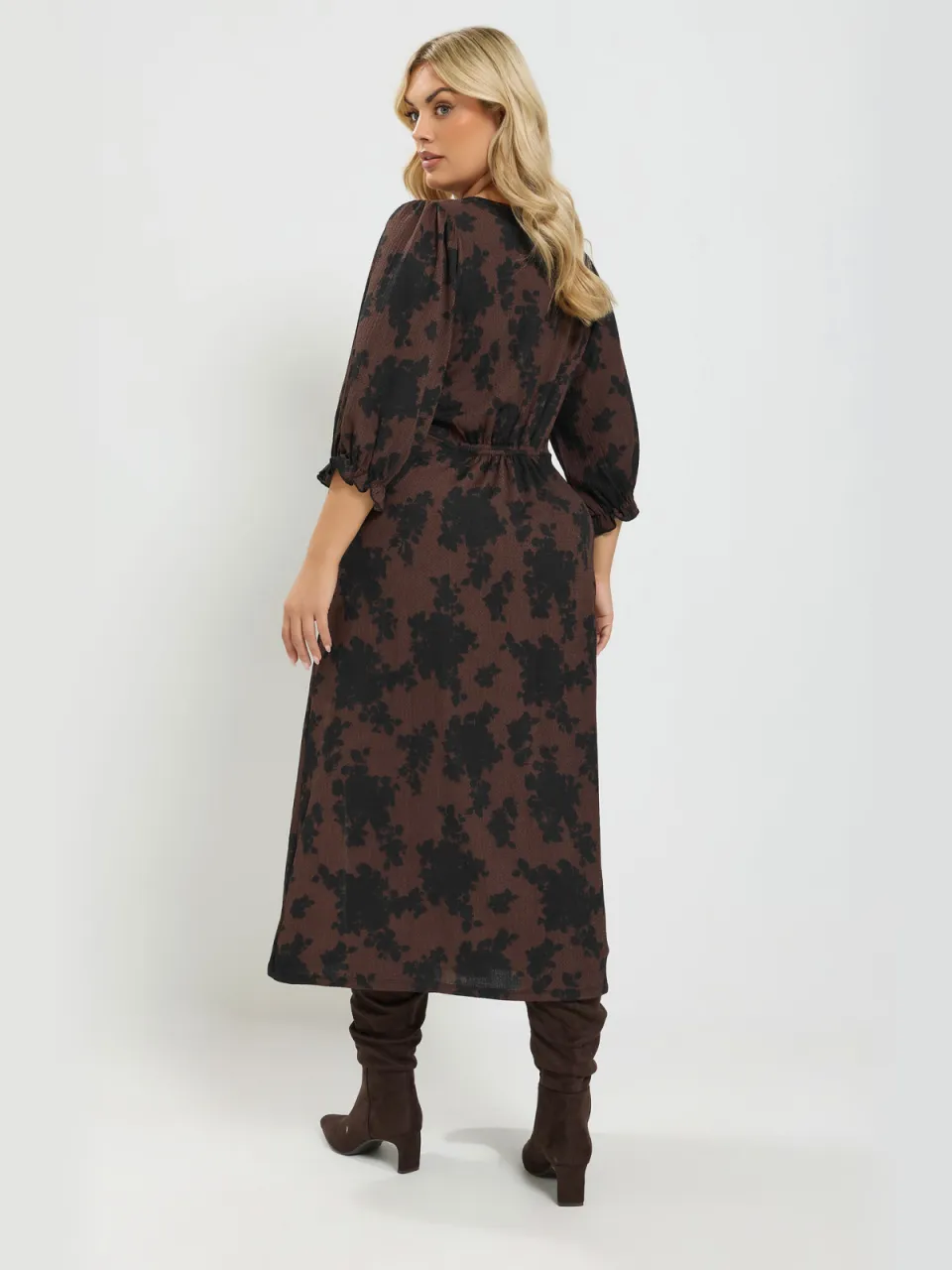 Yours Chocoladebruine Midijurk Met Bloemenprint En Textuur-56, foto 2