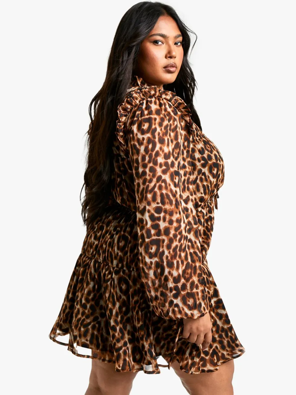 boohoo Dames Plus Leopard Tie Front Smock Dress luipaardprint, foto 2