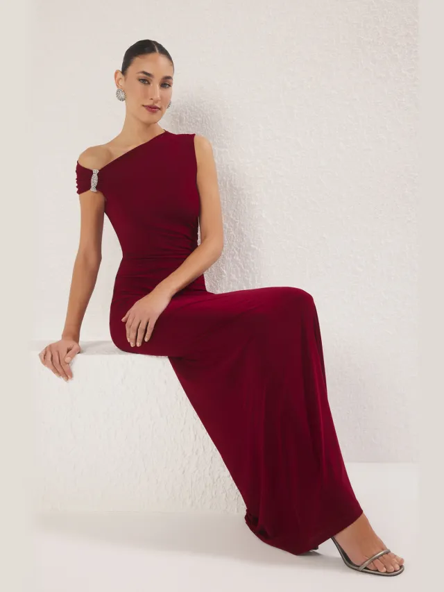 Trendyol TRENDYOLMİLLA Dames Bordeaux Effen Maxi Mouwloos Diploma-uitreiking / Gala Recht Avond & Gala Jurk Bordeauxrood