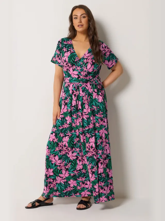 Yours Roze En Groene Tropische Wikkeljurk-60 Pink