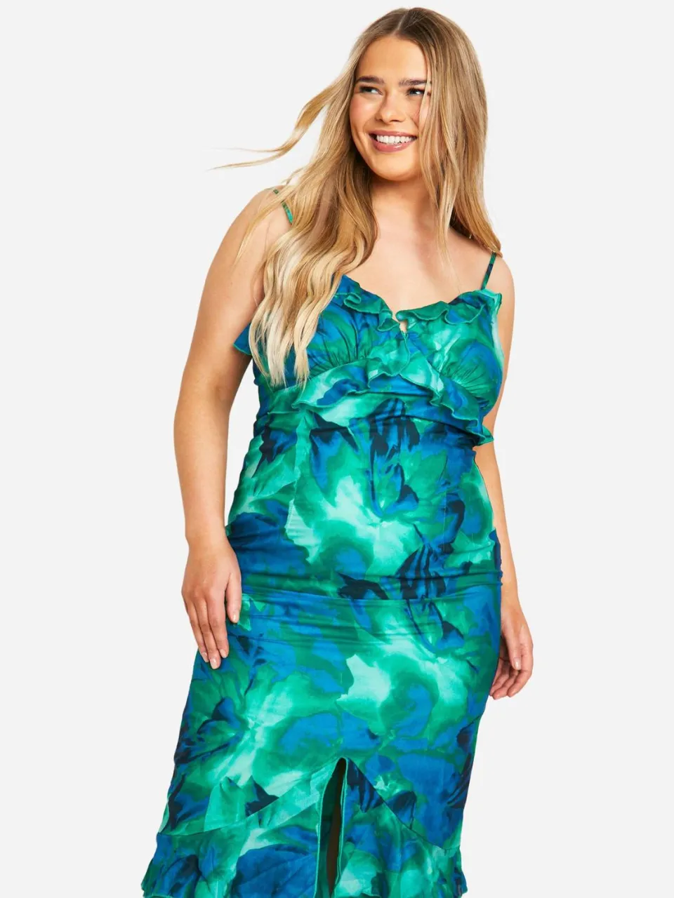 boohoo Dames Plus Abstract Floral Ruffle Maxi Jurk groente, foto 2