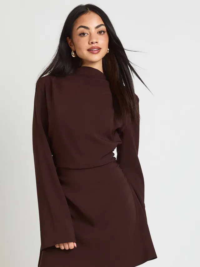 boohoo Dames Lange Mouwen Gerimpelde Hoge Hals Shift Jurk Chocoladebruin