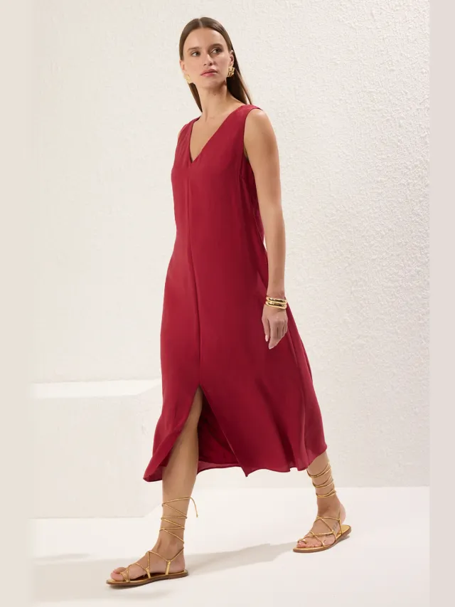 Trendyol TRENDYOLMİLLA Dames Bordeaux Effen Midi Mouwloos Casual A-lijn Jurken Bordeauxrood