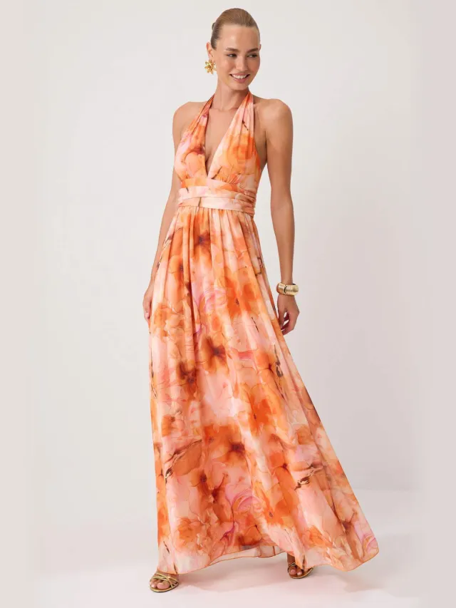 Trendyol TRENDYOLMİLLA Dames Oranje Bloemen Maxi Mouwloos Diploma-uitreiking / Gala A-lijn Avond & Gala Jurk