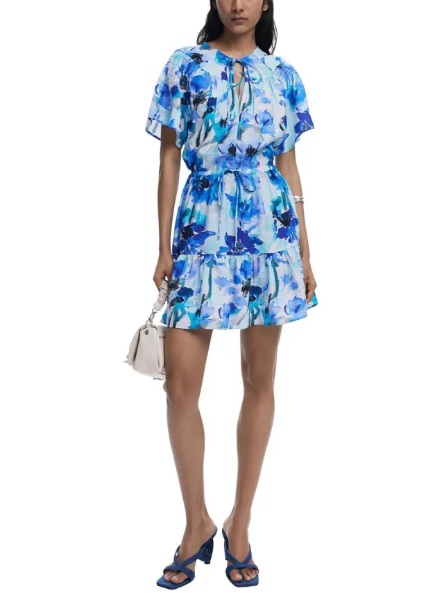 Desigual Floral Print Tie Waist Dress Wo - Blue Dresses