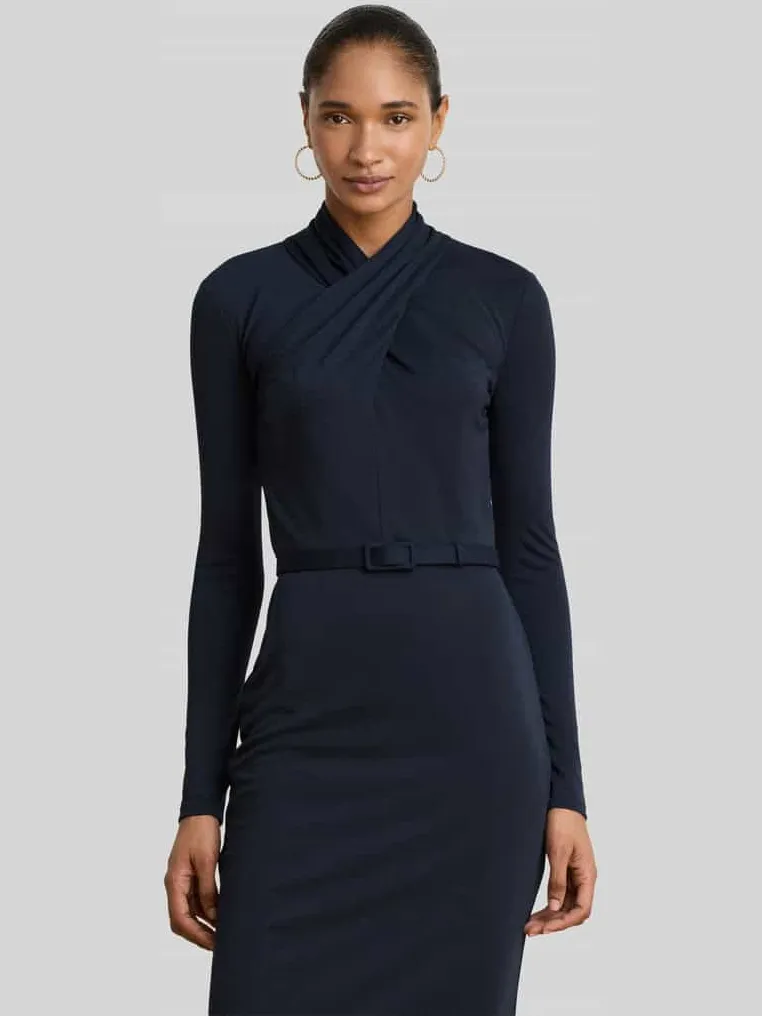 Lauren Ralph Lauren Midi-jurk met gedrapeerde wikkelcol marineblauw, foto 3